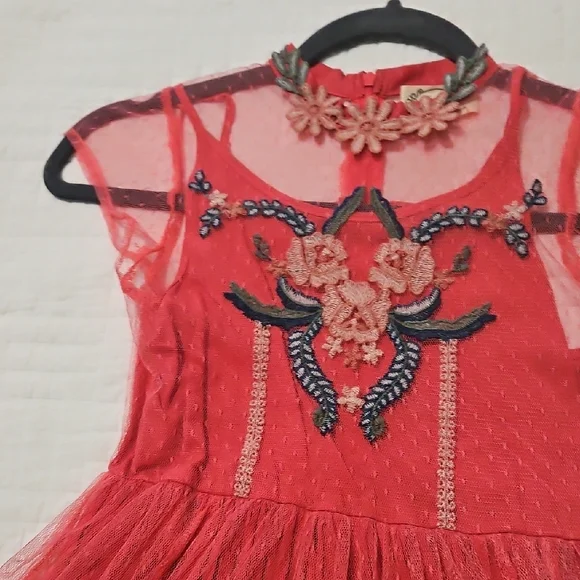 Elegant Coral Dress with Floral Embroidery